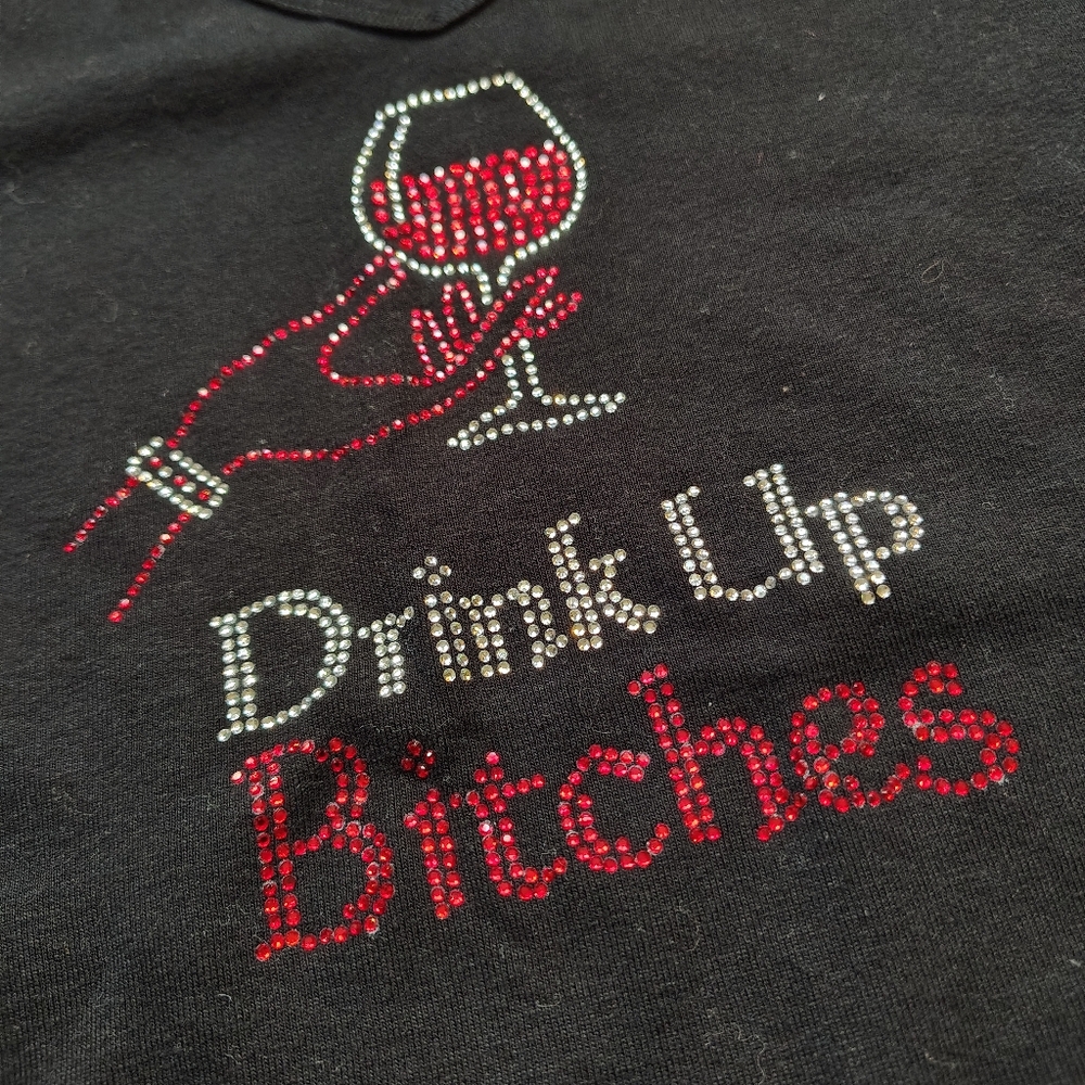 Y2k T-Shirt Rhinestone Bling Black Women's Tee Drink Up Bitches Red Wine Glass - Picture 3 of 8